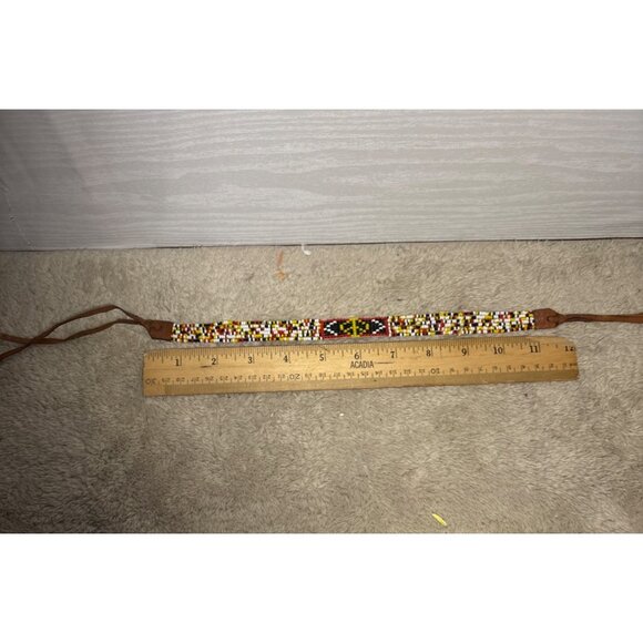 Handcrafted Multicolor Beaded Leather Bracelet Necktie With Adjustable Ties - Picture 7 of 8